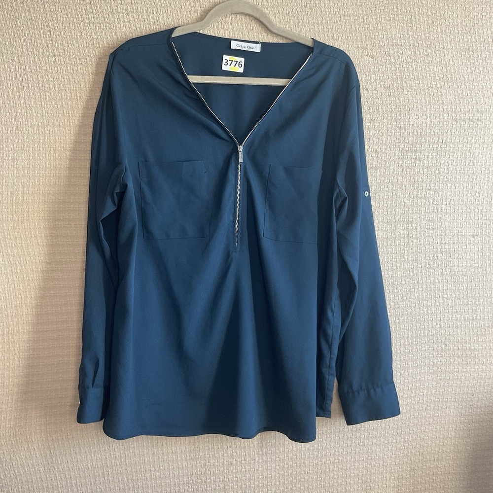 Calvin Klein Casual Top Women's L Teal Solid Long Sleeve V Neck Pocket Zipper